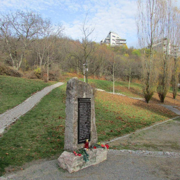 Ein Denkmal in einem Park mit einer Tafel, auf der "Denkmal für die Opfer der Tschernobyl-Katastrophe" steht, umgeben von Gras, trockenen Blättern, einem Pfad, Bäumen, Pflanzen, einem Straßenpfahl, Gebäuden und einem bewölkten Himmel.