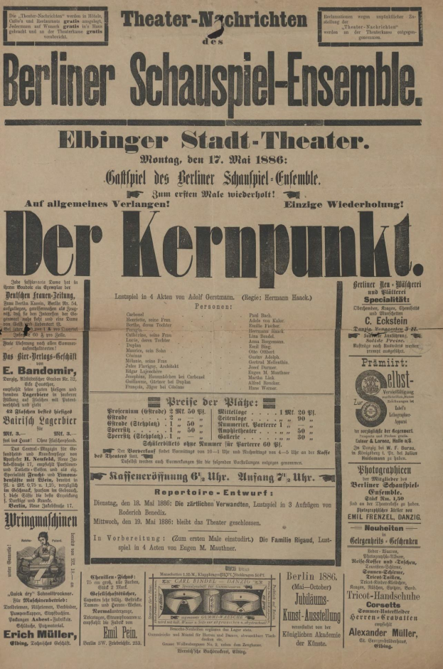 Alte Zeitungsanzeige für das Berliner Schauspiel-Ensemble mit einem Mann im Anzug und Krawatte mit Text, der das Ereignis beschreibt.