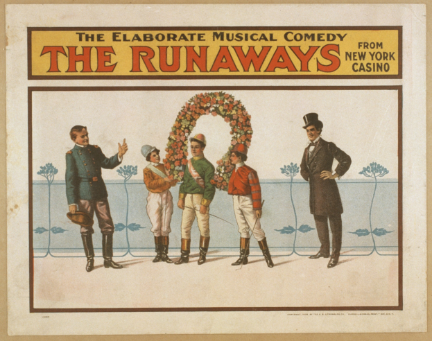 Plakat für "Elaborate Musical Comedy Runaways" im New Yorker Casino, das eine Reihe von Menschen mit einer zentralen Figur, die einen Blumenstrauß hält, und Text zeigt.