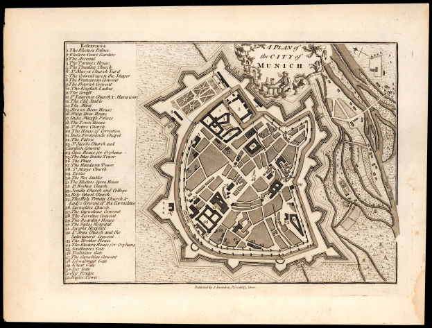 Ein detaillierter alter Stadtplan von München, Deutschland, auf einem schwarzen Hintergrund, der Straßen, Gebäude und Sehenswürdigkeiten zeigt, mit zusätzlichen Informationen im Text.