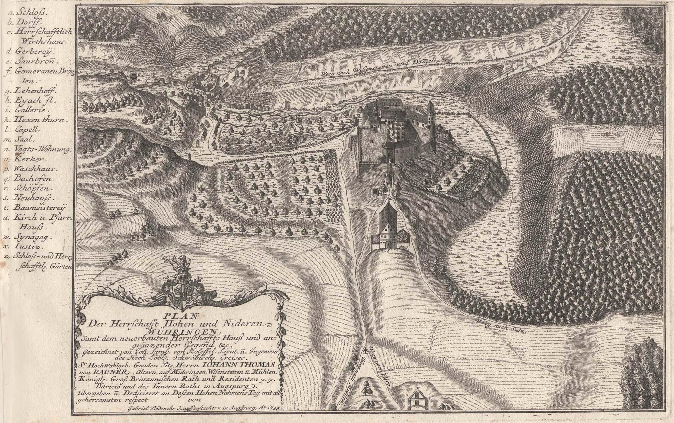 Gravur einer historischen Karte von Heidelberg, Deutschland, mit einem Schloss in einer bewaldeten Landschaft und umgebendem Text.