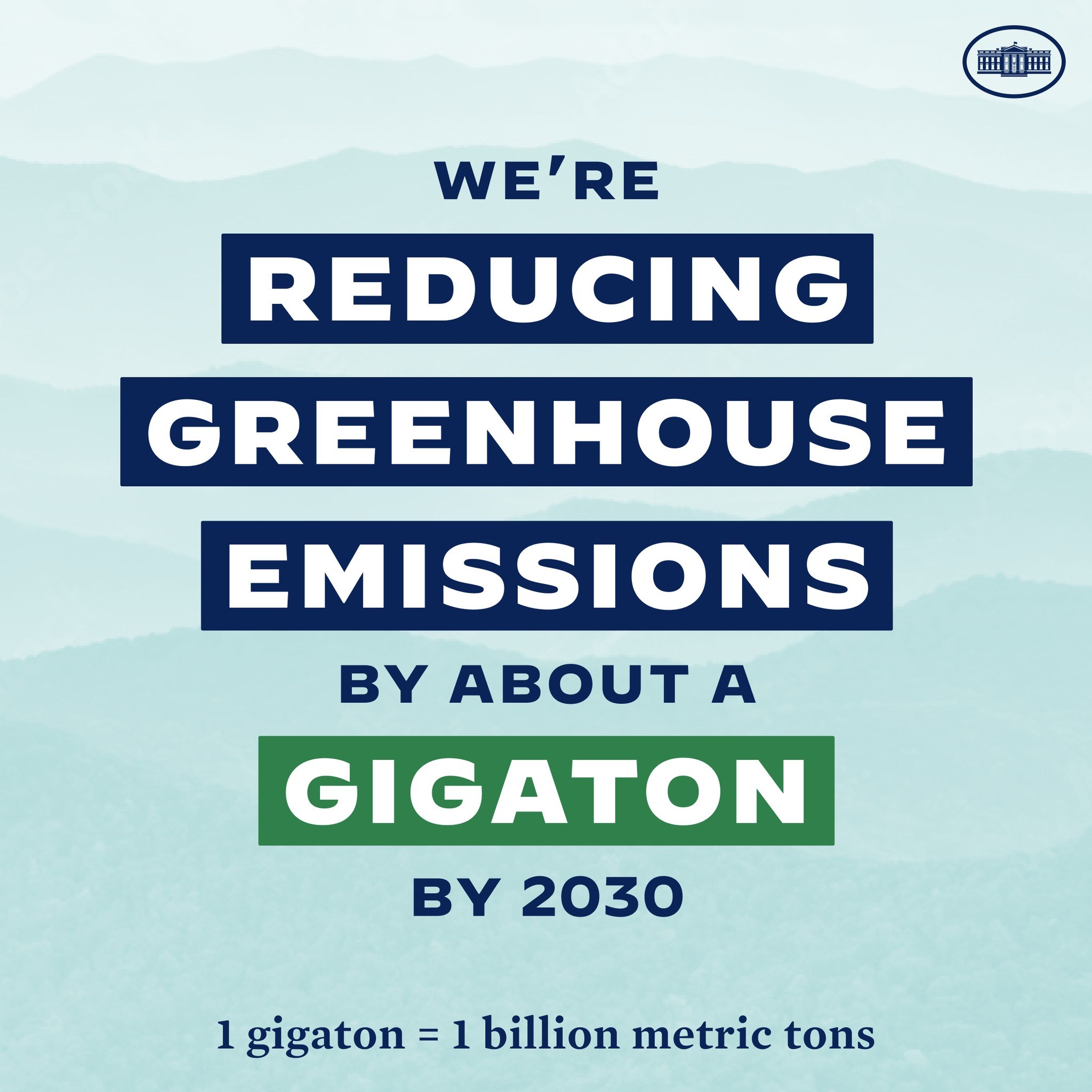 Plakat mit Text und Logo, das besagt: "Wir reduzieren die Treibhausgasemissionen um etwa eine Gigatonne bis 2030.", das für eine signifikante Reduzierung der Treibhausgasemissionen bis 2030 wirbt.