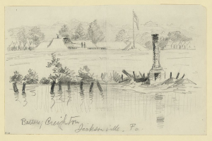 Eine Zeichnung von Battery Creek mit einem Leuchtturm im Hintergrund, umgeben von Bäumen und Häusern, mit dem Text "Battery Creek, Jacksonville, PA" unten.