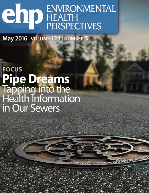 Ein Gullydeckel im Vordergrund einer Straße, umgeben von Gebäuden und Bäumen unter einem klaren blauen Himmel, mit dem Text "Environmental Health Perspectives May 2016" auf dem Deckel.