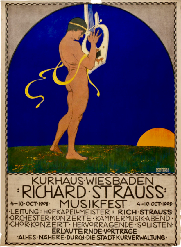 Ein Plakat f├╝r das Richard-Strauss-Musikfest, das einen Mann zeigt, der ein Musikinstrument spielt, mit Text, der Informationen ├╝ber das Event liefert.