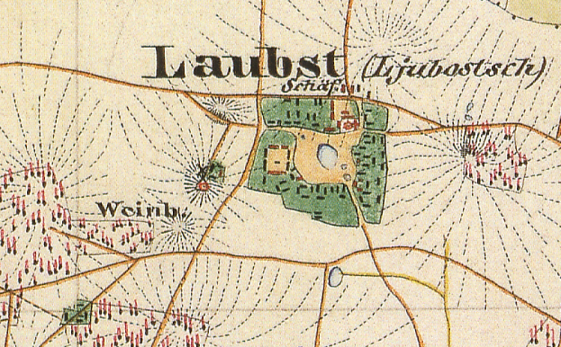 Ein detailliertes altes Stadtplan von Laubst, Deutschland, der Straßen, Gebäude, Sehenswürdigkeiten und Text mit Informationen über die Bevölkerung, Lage und Geschichte der Stadt zeigt.