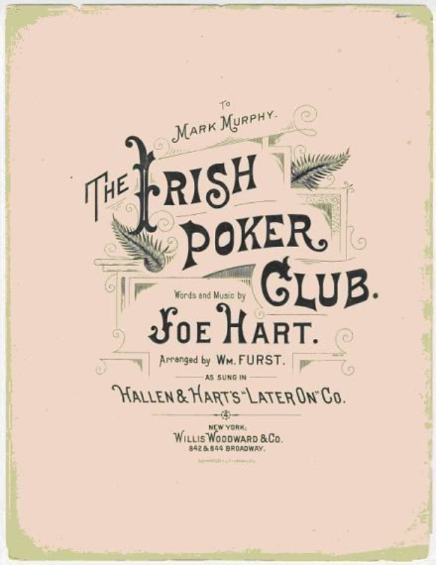 Ein Plakat mit der Aufschrift "The Irish Poker Club" in Schwarz mit einer farbenfrohen Kleeblatt-Illustration.
