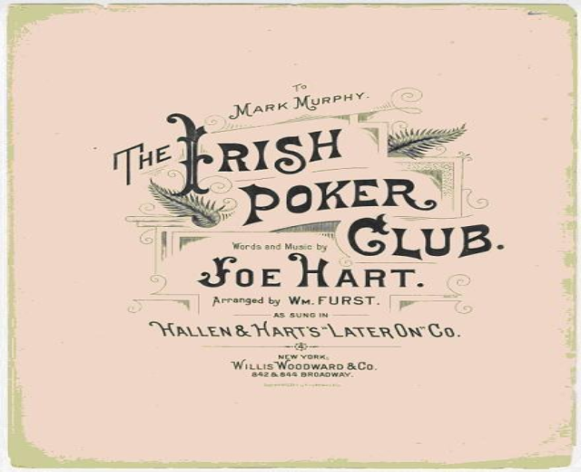 Ein Plakat mit der Aufschrift "The Irish Poker Club" in Schwarz mit einer farbenfrohen Kleeblatt-Illustration.