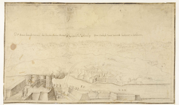 Eine Zeichnung einer Stadt mit einem Schloss im Hintergrund, die die Belagerung von Düsseldorf darstellt, auf einem Blatt Papier mit begleitendem Text.