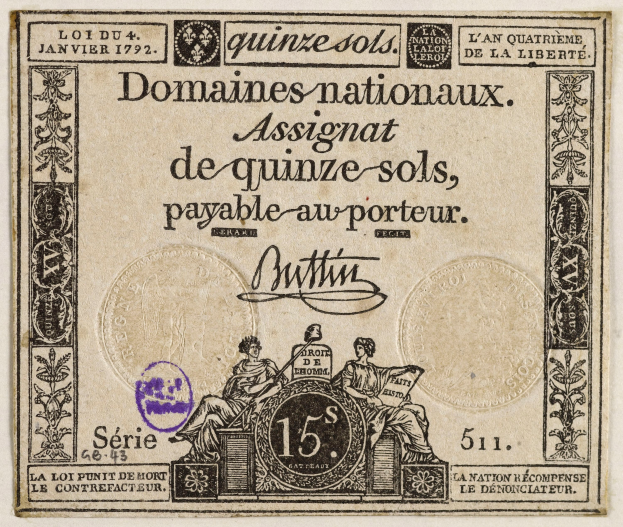 Ein altes französisches Banknoten mit einem Mann in einem Anzug und einer Frau in einem Kleid, die ernst nebeneinander stehen, begleitet von Text und einem Stempel.