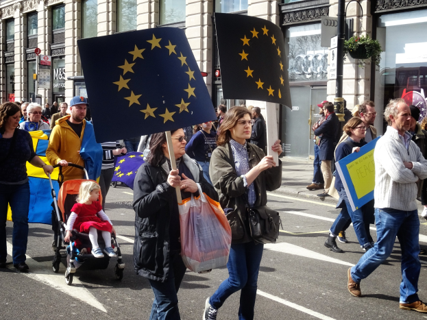 Eine Gruppe von Menschen geht eine Straße entlang, einige halten Fahnen und Schilder, mit einem Baby im Kinderwagen und Gebäuden, Schildern und Topfpflanzen im Hintergrund.