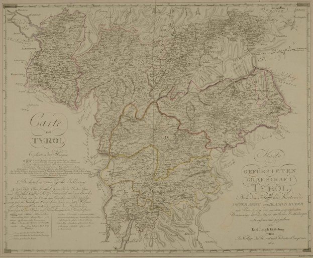 Detailiertes altes Tyroler Stadtplan, Deutschland, mit Städten, Dörfern, geografischen Merkmalen und Text mit Bevölkerung, Straßen und Sehenswürdigkeiten.