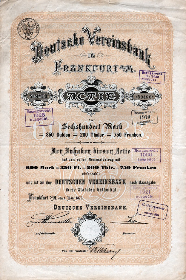 Altes deutsches Wertpapier der Deutschen Vereinsbank aus Frankfurt, auf Papier gedruckt mit sichtbarem Text.
