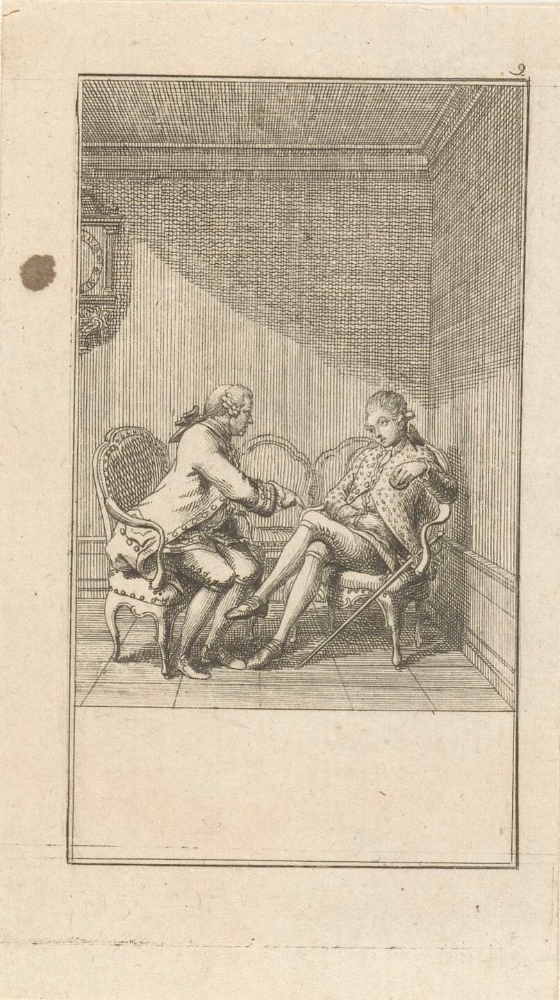 Gravur eines formell gekleideten Mannes und einer Frau, die in einem Stuhl sitzen und sich über ein Papier mit einer Zeichnung unterhalten, in einem formellen Setting.