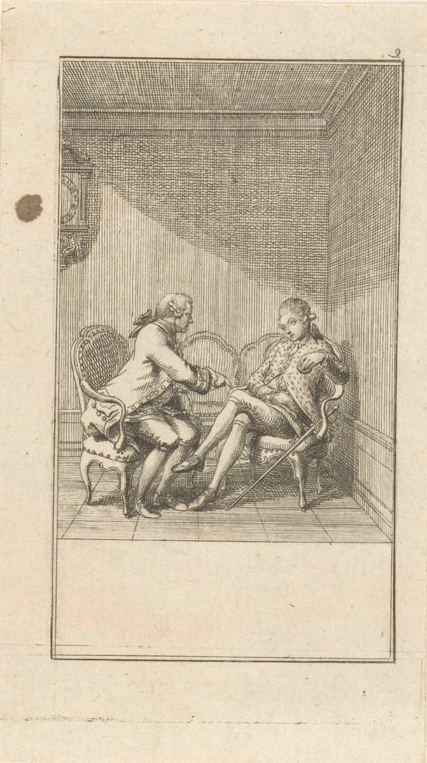 Gravur eines formell gekleideten Mannes und einer Frau, die in einem Stuhl sitzen und sich über ein Papier mit einer Zeichnung unterhalten, in einem formellen Setting.