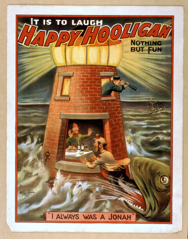 Ein Plakat mit einem Leuchtturm in der Mitte, umgeben von Menschen, einem Fisch und Wasser, mit der Aufschrift "Es ist zum Lachen, fröhlicher Rowdy, nichts als Spaß" oben und unten.