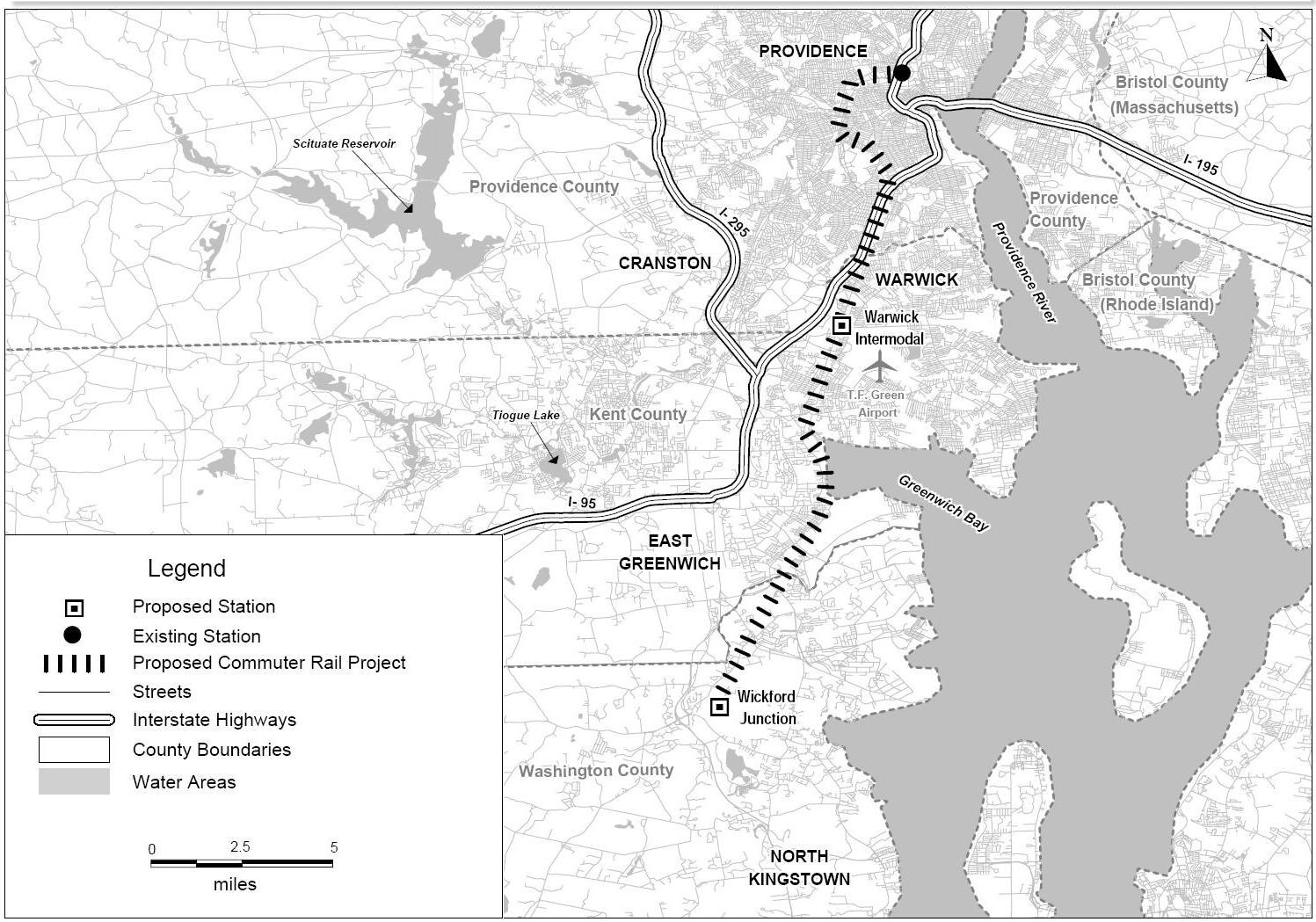 Schwarze und weiße Stadtkarte mit einem Fluss, beschriftet mit "Vorgeschlagenes S-Bahn-Projekt" auf der linken Seite, die Straßen, Autobahnen und Stadtmerkmale zeigt.