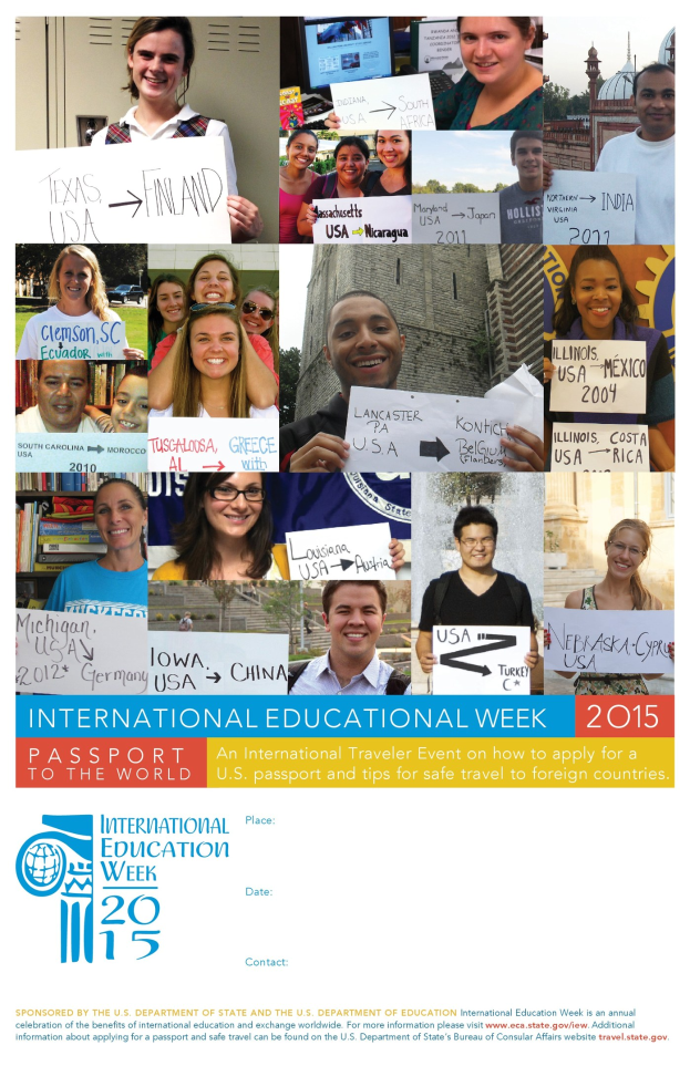 Plakat für die Internationale Bildungswoche 2015 mit einer bunten Gruppe von Menschen, die lächeln und handgeschriebene Schilder halten.