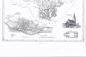 Eine schwarz-weiße alte Karte von Hamburg, Deutschland, mit einer Kirche in der Mitte und Textanmerkungen.