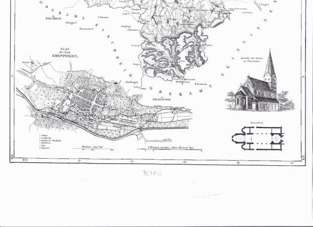 Eine schwarz-weiße alte Karte von Hamburg, Deutschland, mit einer Kirche in der Mitte und Textanmerkungen.