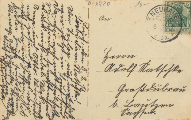 Alte Postkarte mit einem deutschen Stempel, von Deutschland nach Deutschland adressiert, mit handgeschriebener Text und der Nummer "0-6920".