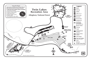 Detailierte Karte des Twin Lakes Freizeitgeländes mit Wanderwegen, Sehenswürdigkeiten und Wegstrecken.