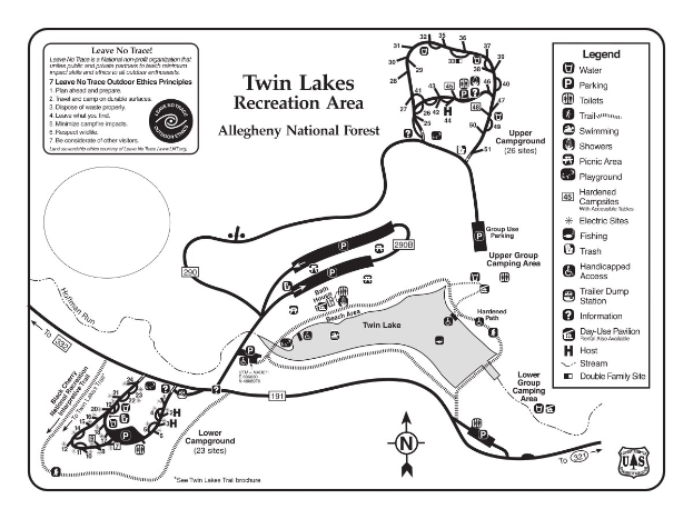 Detailierte Karte des Twin Lakes Freizeitgeländes mit Wanderwegen, Sehenswürdigkeiten und Wegstrecken.