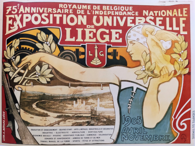 Plakat zum 75-jährigen Jubiläum der Nationalen Ausstellung Universelle de Liège, das eine Frau mit Blumenstrauß zeigt und den Text der Veranstaltung beschreibt.