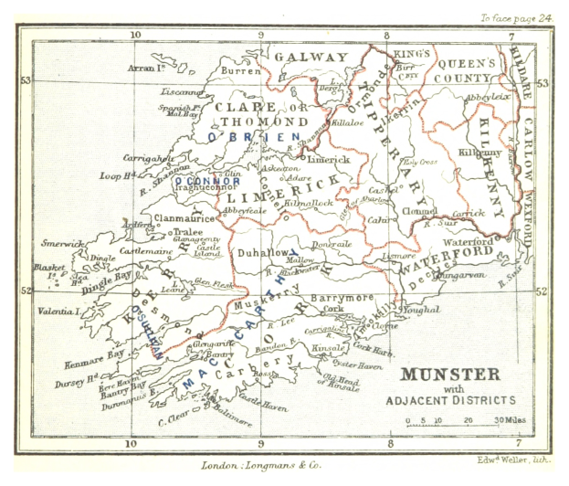 Ein altes Kartenbild von Munster, Irland, mit Text und Zahlen, die die verschiedenen Bezirke des Countys angeben.