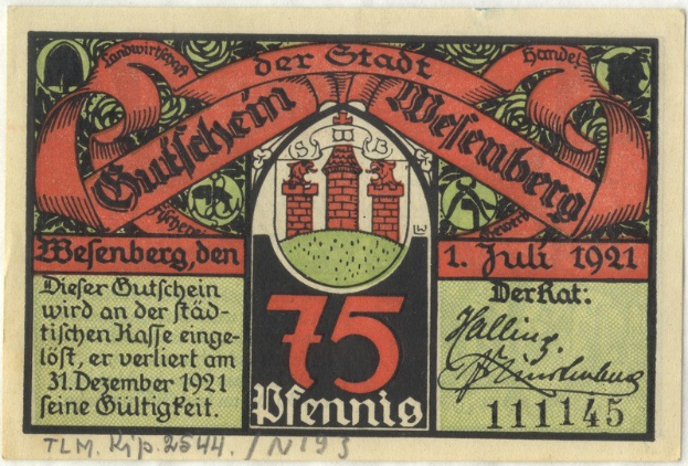 Alte deutsche Banknote mit einem Gebäude, Text 'Bundesliga' und einem Logo auf weißem Hintergrund.