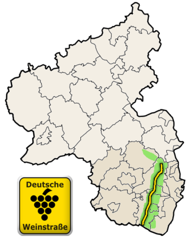 Eine Deutschlandkarte mit der klar markierten Lage der Weinstraße, begleitet von einem Logo mit weiteren Details über die Region.