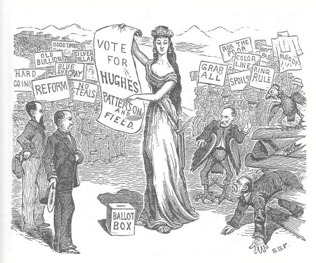 Eine Frau steht in der Mitte und hält ein "Wähle Hughes"-Schild, umgeben von einer Gruppe von Menschen, einige halten Schilder mit Text, mit einem Kasten unten im Bild.