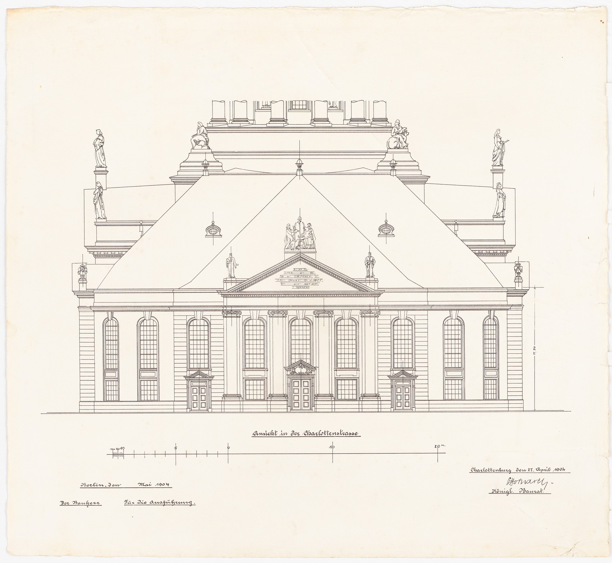 Schwarz-weißer Architektur-Zeichnung der Schlosshof-Fassade in Dresden, Deutschland, mit zahlreichen Fenstern und Statuen auf einem Papier mit handgeschriebener Text.