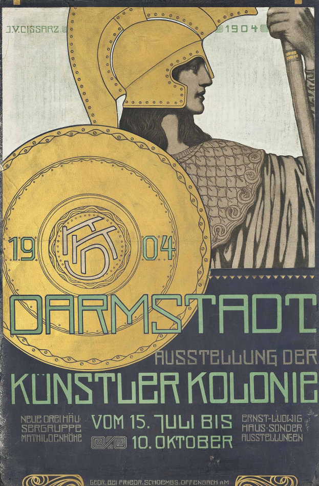 Plakat für ein 1904er Berlin-Konzert mit einer Person in einem Helm und einem Schild, sowie "Darmstadt" und "Künstler Kolonie" in fetter Schrift.