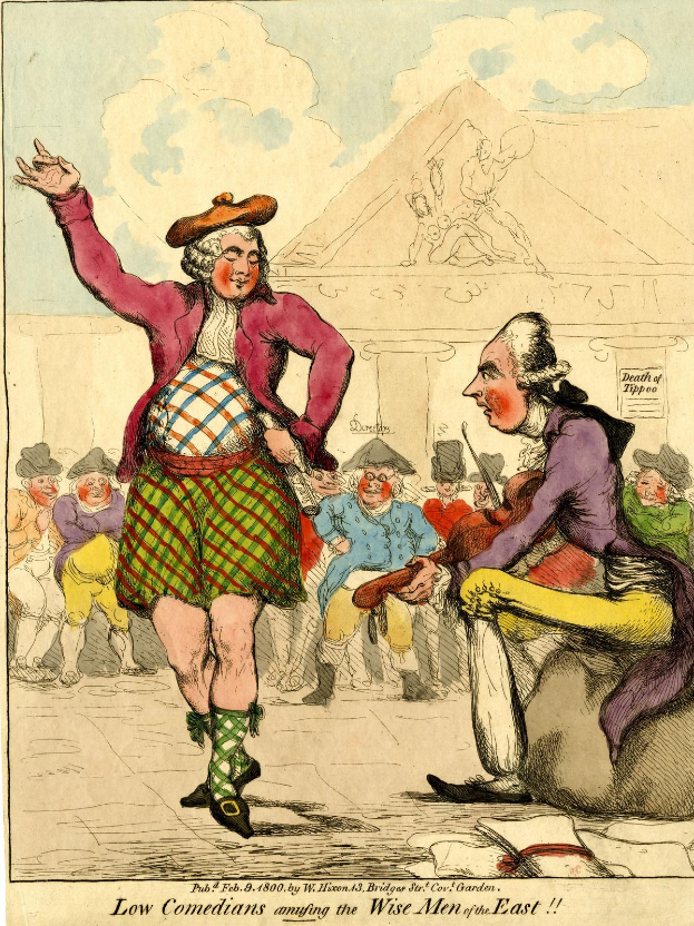 Cartoon eines Mannes in einem Kilt und einer Frau in einem Kleid, die vor einer Menge stehen, mit einem Gebäude und Wolken im Hintergrund und dem Text 'Niedrige Komiker, die die weisen Männer des Ostens unterhalten' unten.