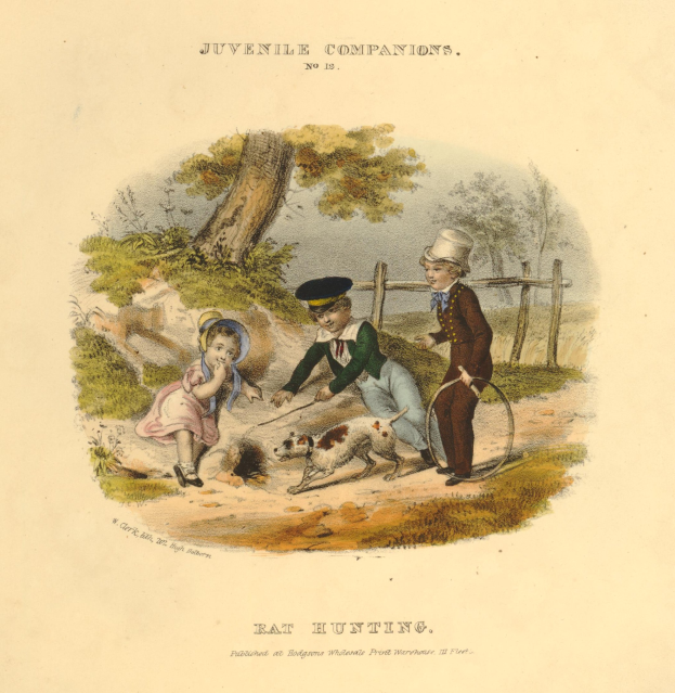 Eine Zeichnung von drei Kindern, die mit einem Hund in einem Park spielen, umgeben von Bäumen, Pflanzen und einem Zaun, und Text am unteren Rand des Papiers.