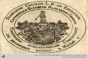 Altes Buch mit einem Wappen, das einen Schild, eine Krone, einen Lorbeerkranz und die Aufschrift 'Bibliothek' auf einem Banner sowie 'Bibliotheken' darunter zeigt.