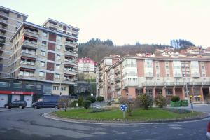 Eine städtische Straße mit parkenden Autos, Gebäude mit Fenstern, Schilder, Pflanzen, Gras, Bäume und einen klaren blauen Himmel.