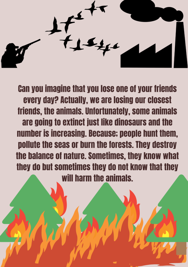 Ein Plakat zeigt einen Mann mit einer Waffe vor einem Feuer, umgeben von Bäumen und fliegenden Vögeln, mit dem Text: "Können Sie sich vorstellen, dass Sie jeden Tag einen Ihrer Freunde verlieren? Tatsächlich verlieren wir unsere engsten Freunde."