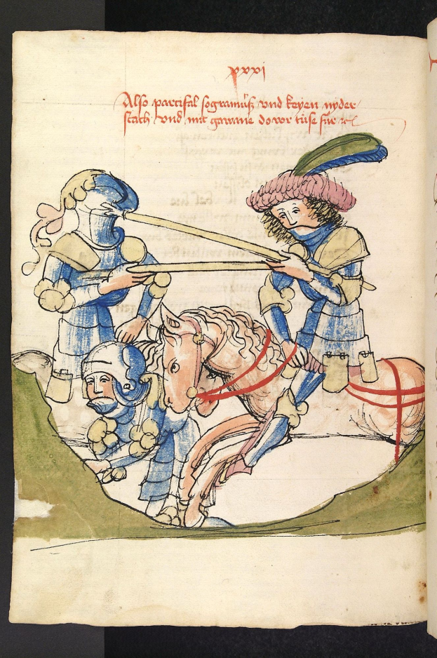 Eine aufgeschlagene Buchseite mit einer detaillierten Illustration von zwei Rittern in voller Rüstung auf Pferden in Kampfstellung, umgeben von kunstvoller Schrift.