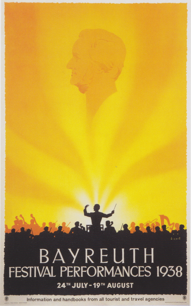 Ein Plakat für die Bayreuth-Festival-Vorstellungen 1938, das eine zentrale Figur zeigt, die von einer Gruppe Menschen umgeben ist, mit Text, der Festival-Informationen enthält.
