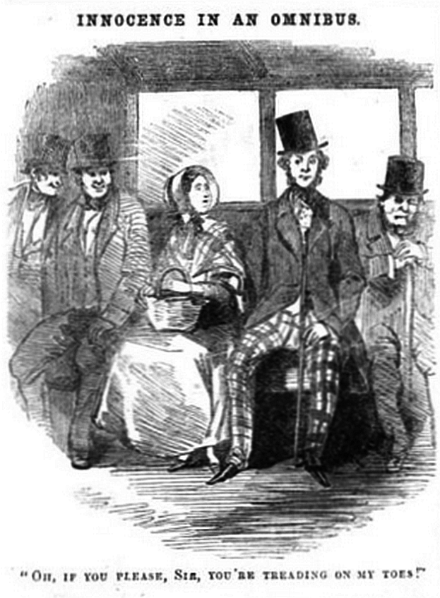 Eine Gruppe verzweifelter Menschen sitzt in einem Zug, mit einer Frau in einem langen Kleid und Hut in der Mitte, während der Text oben und unten 'Unschuld in einem Omnibus' lautet.