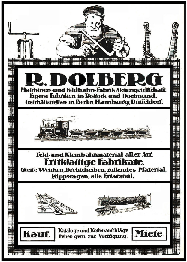 Eine Werbung für die Fabrik von R.D. Dolberg in Hamburg, Deutschland, mit einem Plakat mit Text und Bildern von einer Person, einem Zug und anderen Gegenständen.