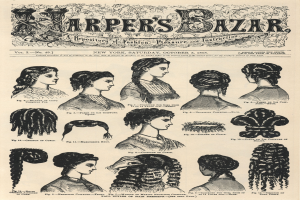 Ein Heft von Harper's Bazaar mit Bildern von Frauen mit verschiedenen Hairstyles und begleitendem Text.
