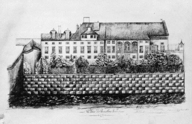 Schwarzes und weißer Architektur-Zeichnung eines großen Hauses, das von einer Wand umgeben ist, in einer parkartigen Umgebung mit Bäumen und Pflanzen, beschriftet mit "Pläne für ein neues Haus in der Stadt London" unten.