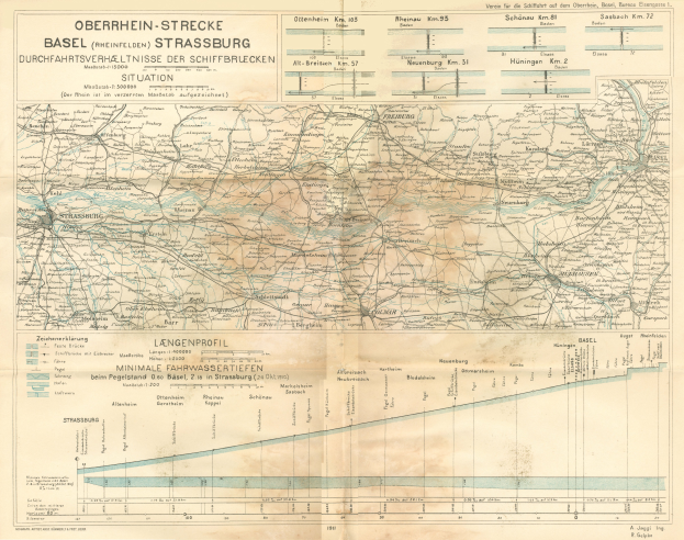 Ein altes Kartenblatt des Basel-Strasburg-Gebiets in Deutschland, das den Verlauf der Eisenbahnlinie anzeigt.