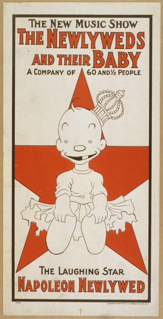 Plakat für "The New Music Show: The Newlyweds and Their Baby" mit einer Cartoon-Baby in einem weißen Strampler mit pinker Schleife, das gegen einen hellblauen Hintergrund mit Sternen lächelt.
