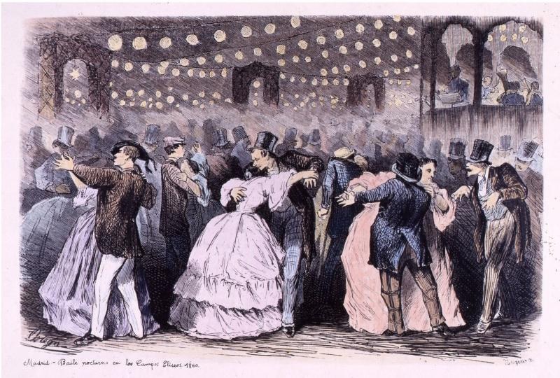 Eine Gruppe von Menschen tanzt in einem Ballsaal mit Wänden, beleuchtet von Lichtern und Text am unteren Rand, der 'Madame Baille Nacional en la Campagne Bleuet, 1860' lautet.