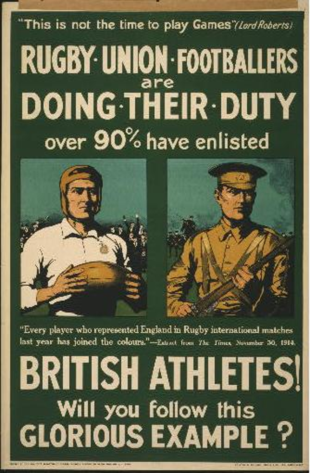 Ein Vintage-Plakat mit zwei Rugby-Union-Fußballern, das ihre Einberufung in den Dienst ankündigt und angibt, dass über 90 % der britischen Athleten eingezogen sind.
