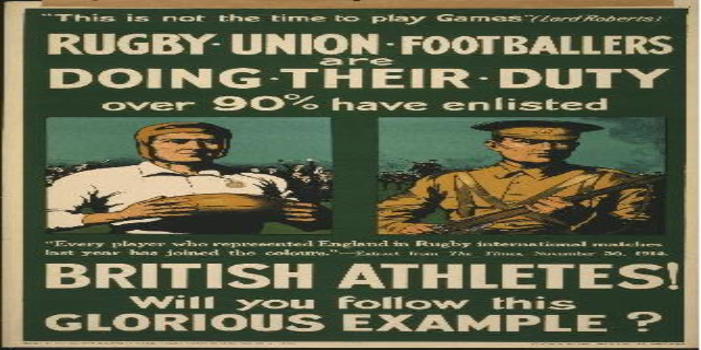 Ein Vintage-Plakat mit zwei Rugby-Union-Fußballern, das ihre Einberufung in den Dienst ankündigt und angibt, dass über 90 % der britischen Athleten eingezogen sind.